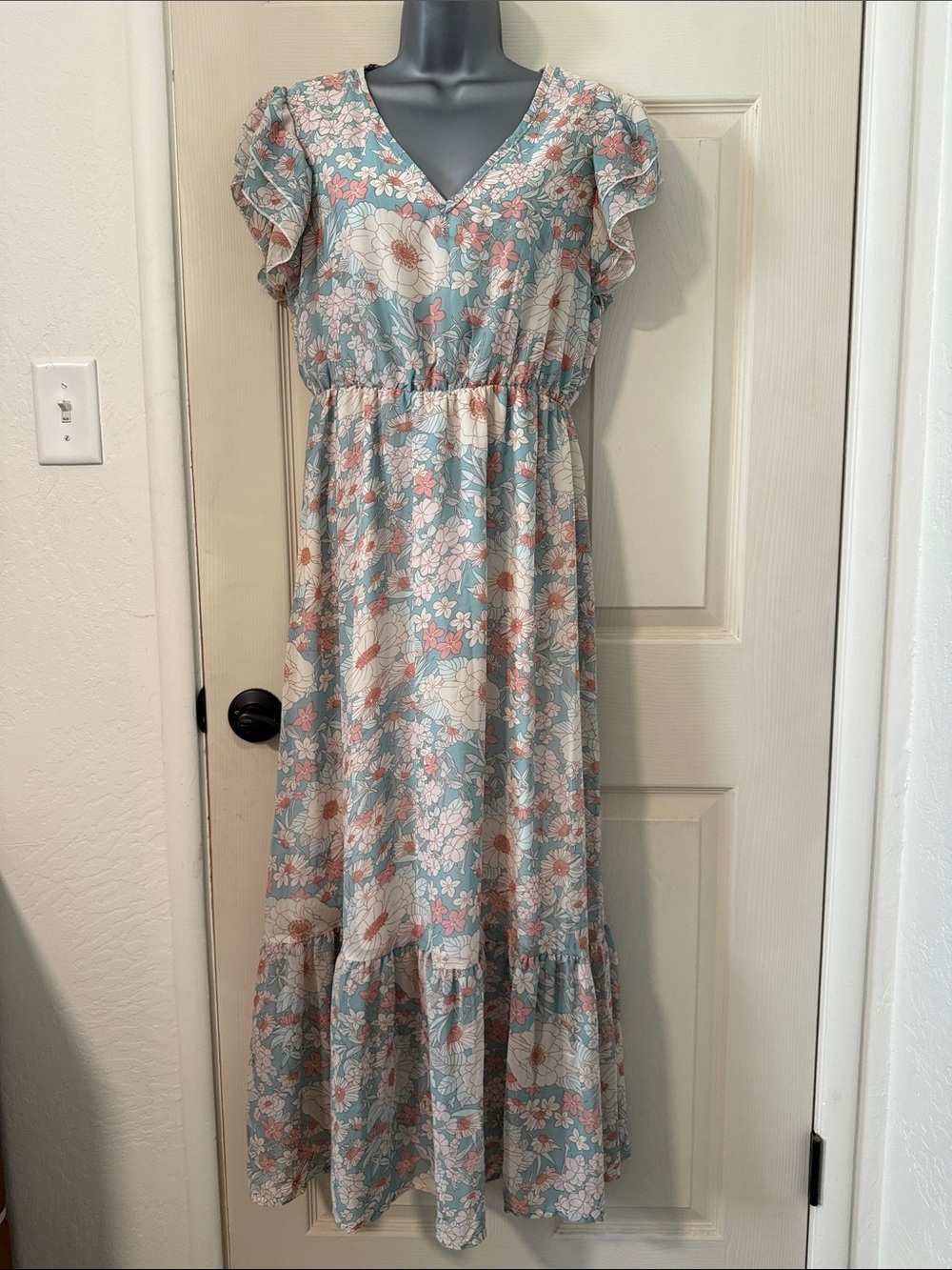 Floral V-Neck Asymmetrical Maxi Dress in Dusty Blue